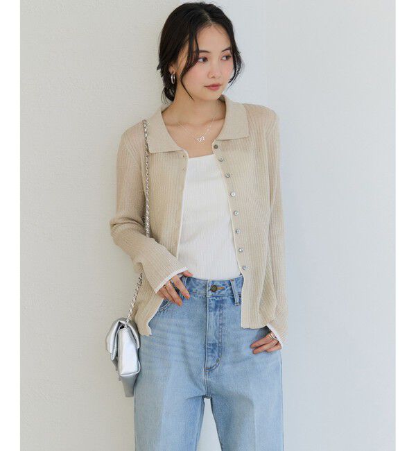 VIS「ポロ襟配色シアーリブカーディガン/イージーケア」|カーディガン|