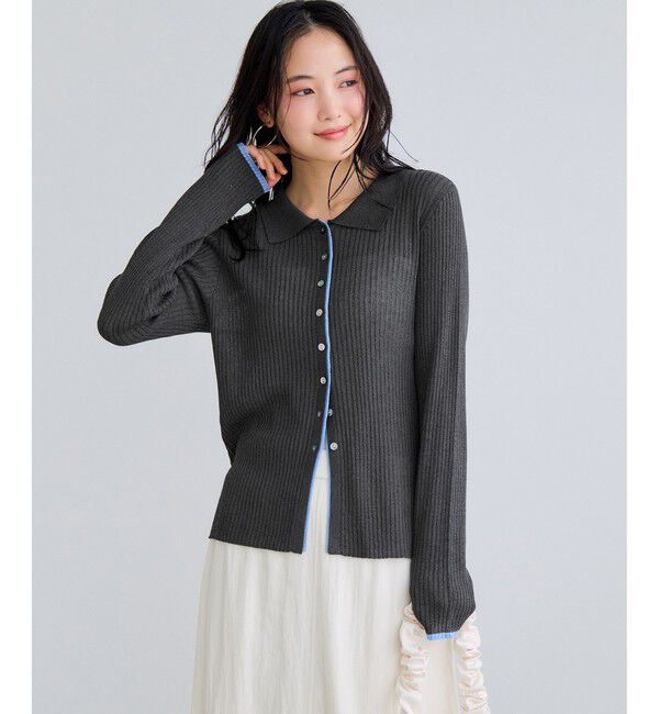 VIS「ポロ襟配色シアーリブカーディガン/イージーケア」|カーディガン|