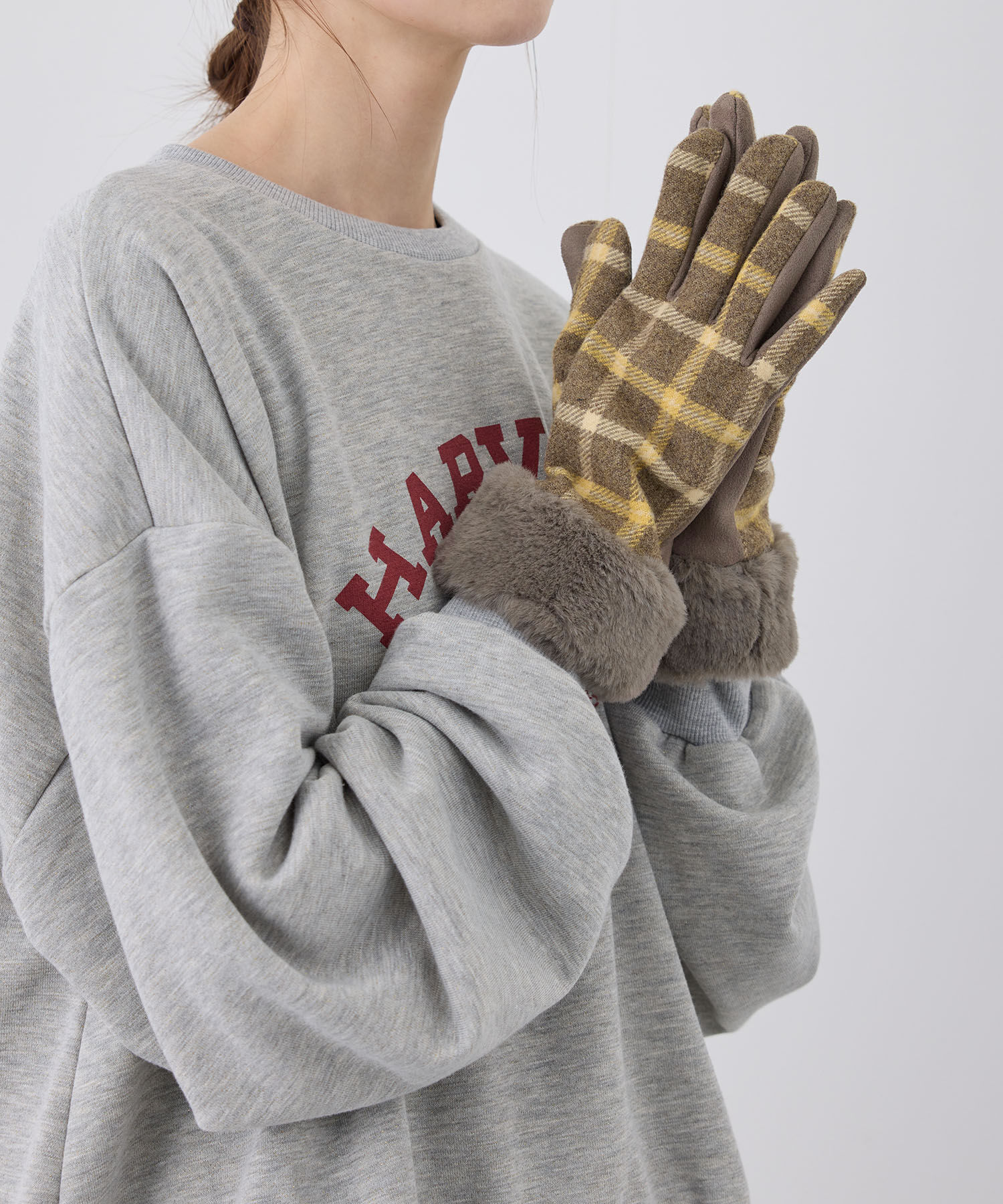 ROPE PICNIC PASSAGE「チェック&times;フェイクファーグローブ」|手袋|