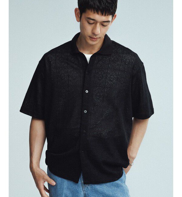 ADAM ET ROPE'「メッシュジャガード ボックスシルエット ニットポロ / ロングシーズン着用可能」|ポロシャツ|ブラック(01)