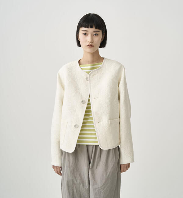 ORCIVAL「ORCIVAL | コットンポリジャカード ラウンドネックジャケット WOMEN」|ノーカラージャケット|OFFWHITE