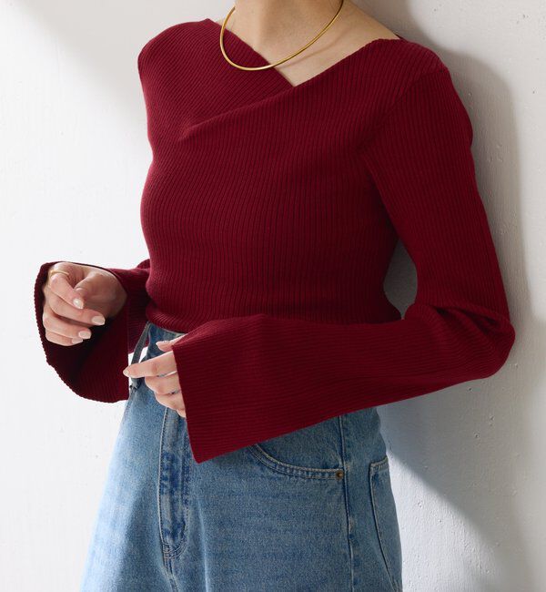  「デザインネックリブニット」|ニット・セーター|ボルドー
