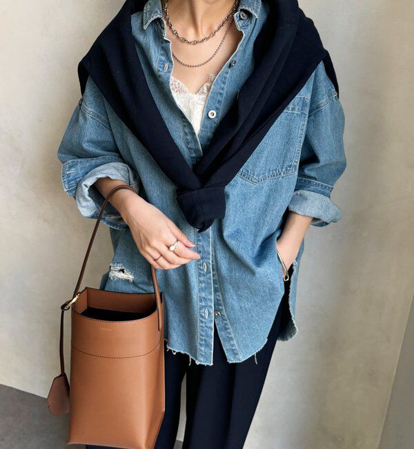  「【新色追加】ダメージデニムシャツ」|シャツ・ブラウス|スカイブルー