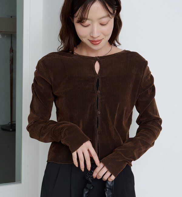  「【2サイズ展開】ストライプベロアフロッキー2wayカーディガン」|Tシャツ・カットソー|