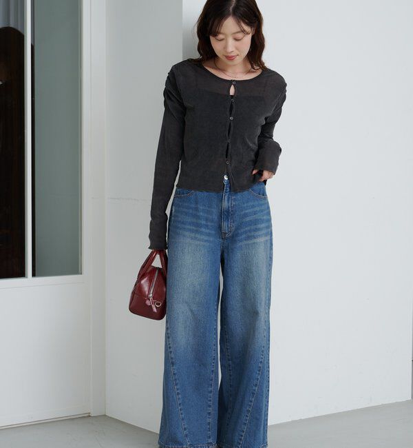  「【2サイズ展開】ストライプベロアフロッキー2wayカーディガン」|Tシャツ・カットソー|