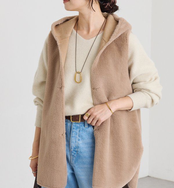  「【シーズンムード高まる】エコファーフードジレ」|ベスト・ジレ|モカ