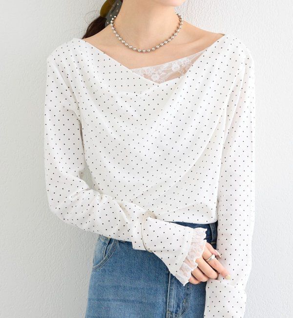  「レースドッキングオフショルロンT」|Tシャツ・カットソー|ホワイト