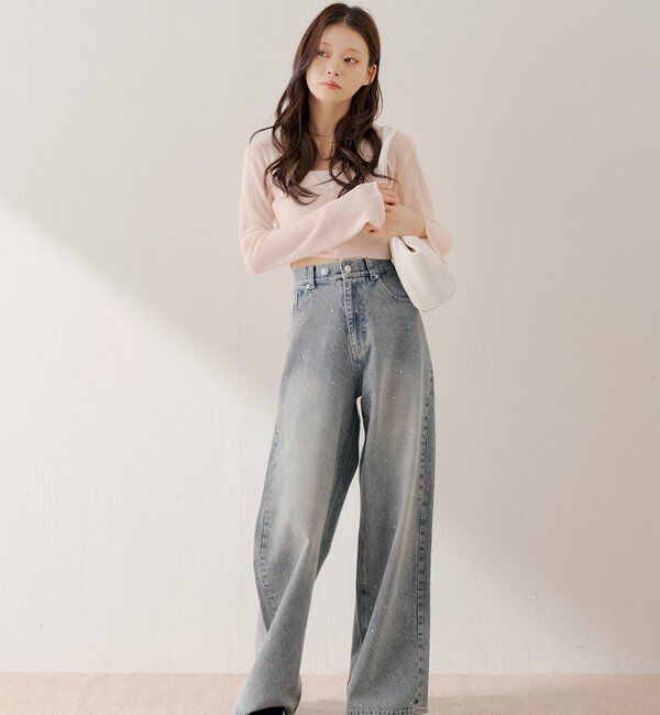  「ラインストーンロゴワイドデニムパンツ」|デニム|