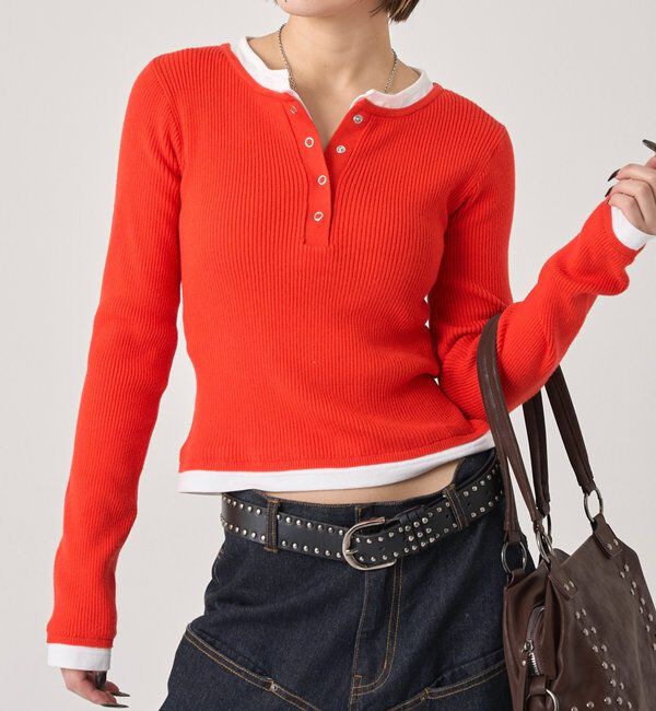  「レイヤードヘンリーニットトップス」|ニット・セーター|オレンジ