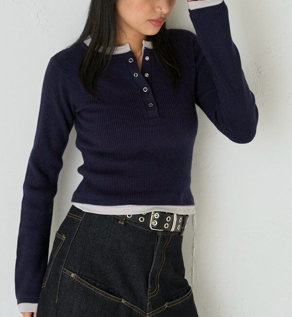  「レイヤードヘンリーニットトップス」|ニット・セーター|ネイビー