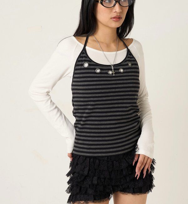  「アイレットホルターレイヤードトップス(無地/ボーダー/ドット)」|Tシャツ・カットソー|