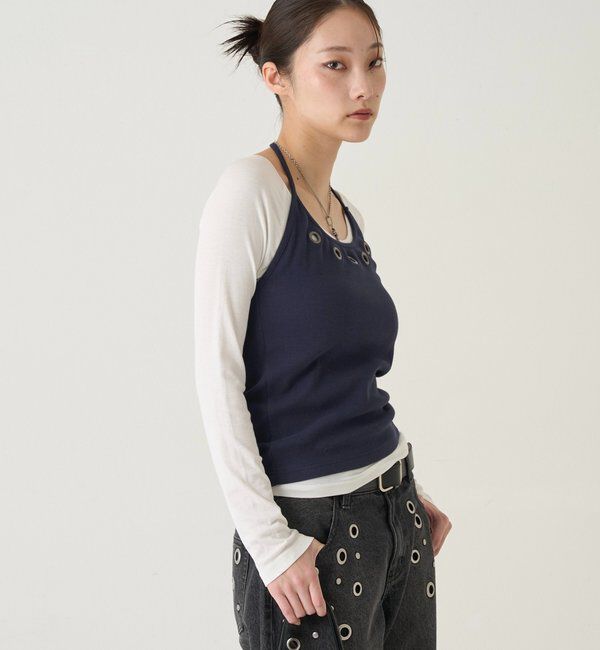  「アイレットホルターレイヤードトップス(無地/ボーダー/ドット)」|Tシャツ・カットソー|
