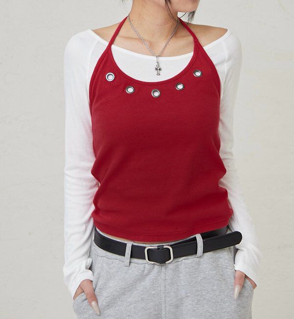  「アイレットホルターレイヤードトップス(無地/ボーダー/ドット)」|Tシャツ・カットソー|