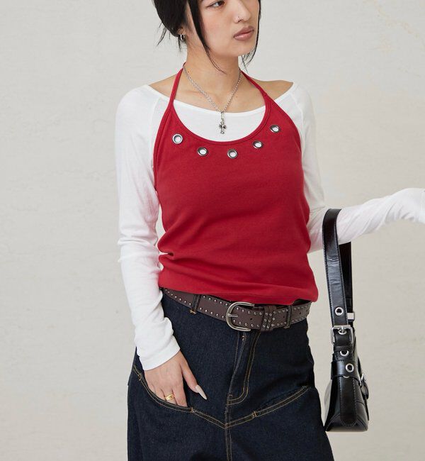  「アイレットホルターレイヤードトップス(無地/ボーダー/ドット)」|Tシャツ・カットソー|