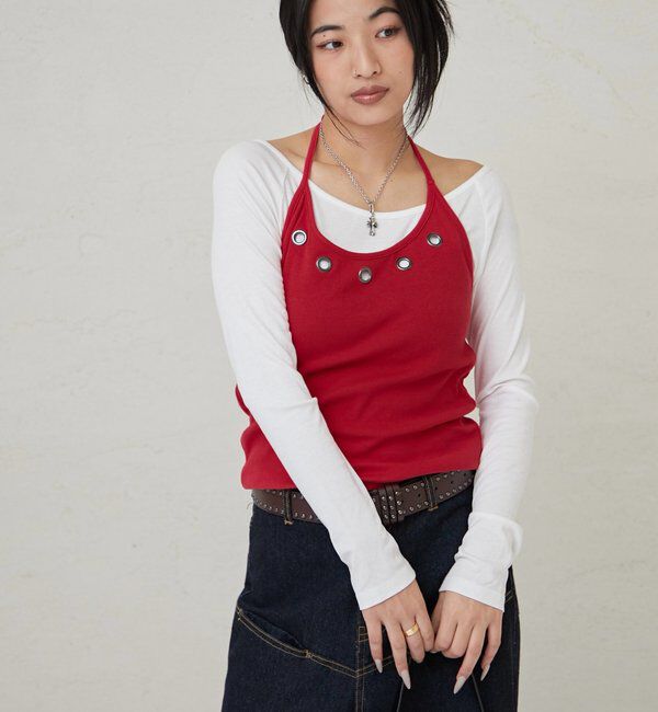  「アイレットホルターレイヤードトップス(無地/ボーダー/ドット)」|Tシャツ・カットソー|