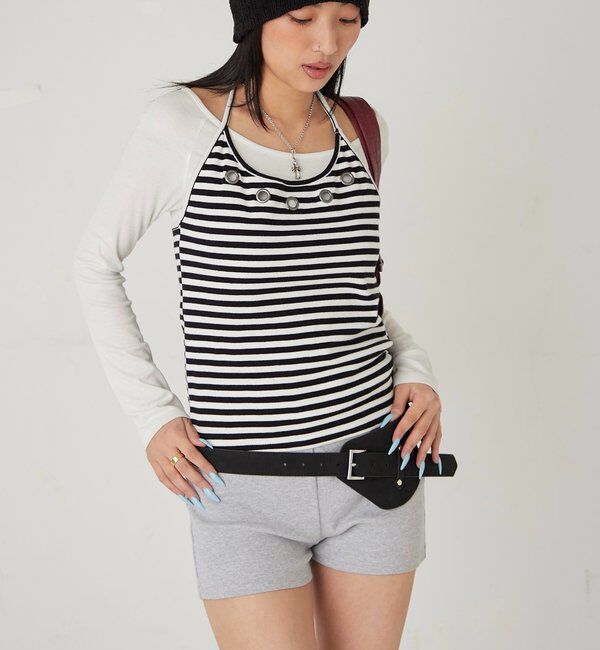  「アイレットホルターレイヤードトップス(無地/ボーダー/ドット)」|Tシャツ・カットソー|