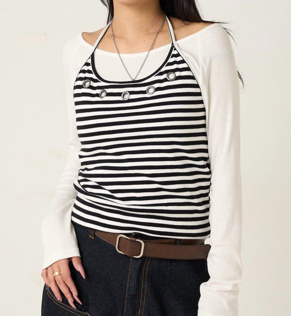  「アイレットホルターレイヤードトップス(無地/ボーダー/ドット)」|Tシャツ・カットソー|