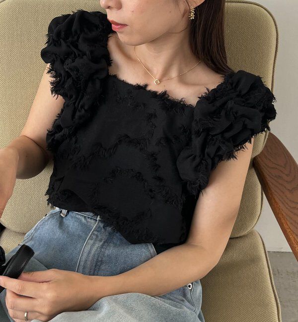  「【SNSで話題！/オケージョンにも◎】ジャガードパフショルダートップス」|シャツ・ブラウス|ブラック