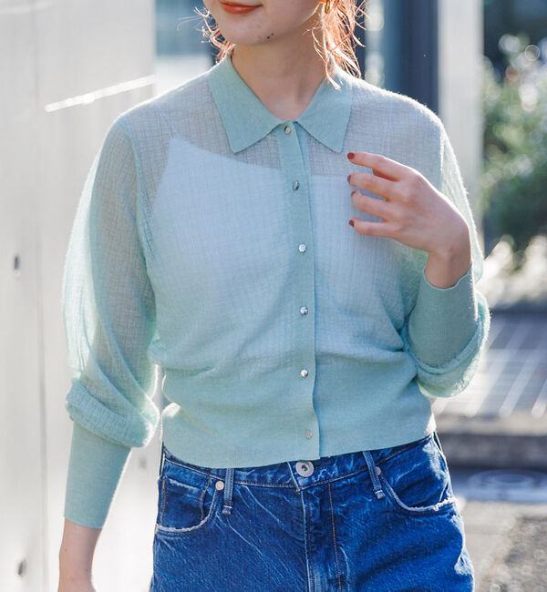 Rouge vif「【セットアップ対応】シアー格子リブニットカーディガン」|カーディガン|モスグリーン