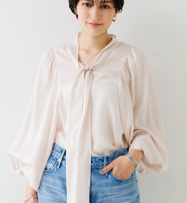 Rouge vif「とろみ素材 ギャザースリーブボウタイブラウス」|シャツ・ブラウス|ピンク