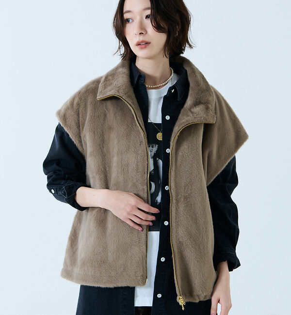 Rouge vif「【MICA&DEAL /マイカアンドディール】ファーベスト/ベスト/ファー/レイ」|ベスト・ジレ|グレージュ