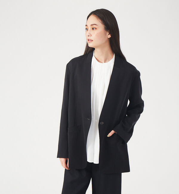 qualite「フィブリルサテンカーデジャケット」|ノーカラージャケット|スミクロ