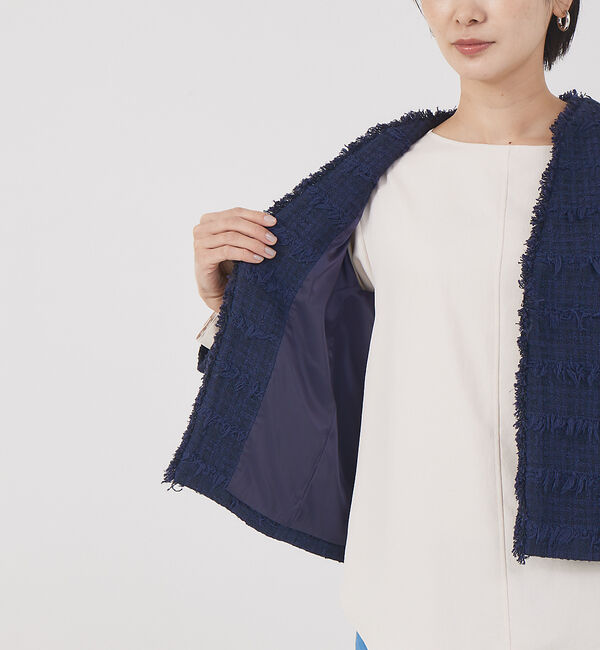 qualite「フリンジツィードジャケット」|ノーカラージャケット|