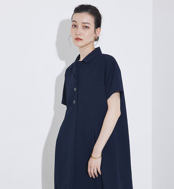 qualite「【接触冷感＆吸水速乾＆UV】シアサッカーシャツワンピース」|ワンピース|ネイビー