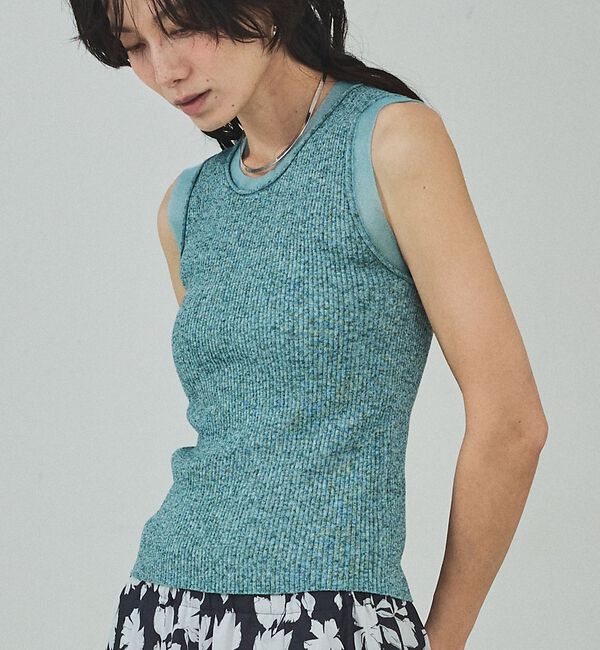 qualite「シアーミックスリブノースリーブ」|キャミソール|グリーン