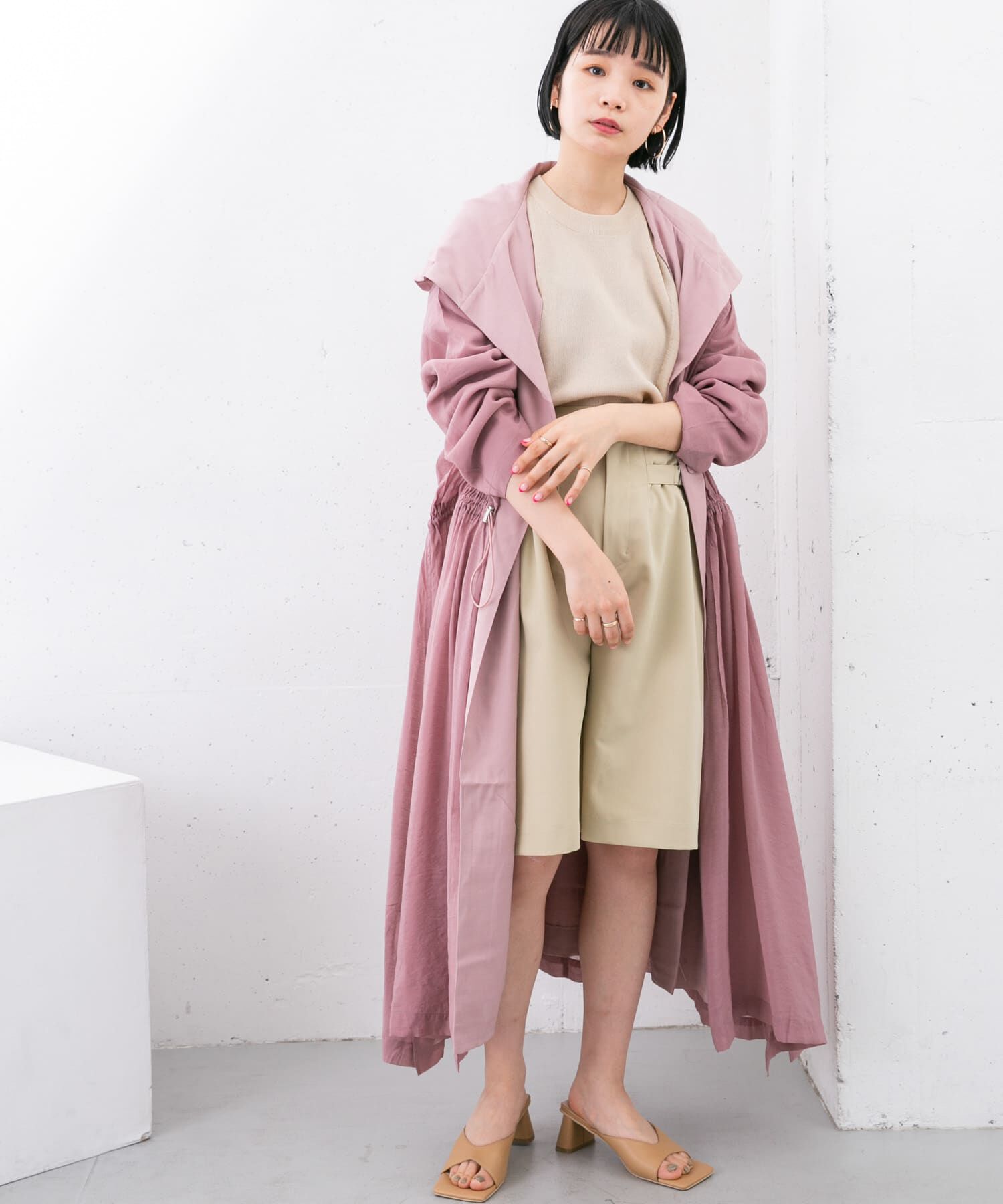  「レイヤードフーディーコート」|ノーカラーコート|