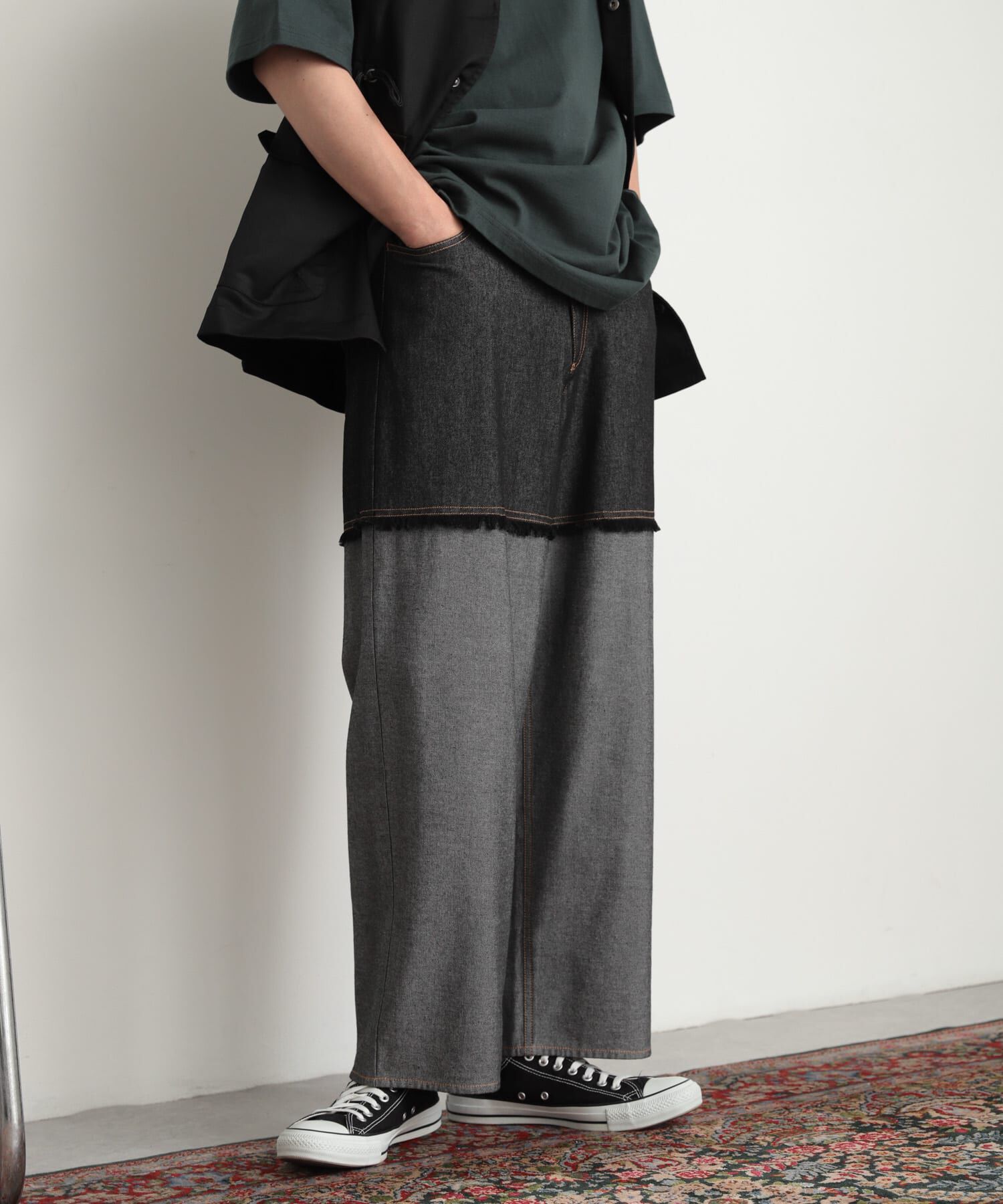SENSE OF PLACE by URBAN RESEARCH「デニムフリンジシャンブレーワイドパンツ」|デニム|ブラック