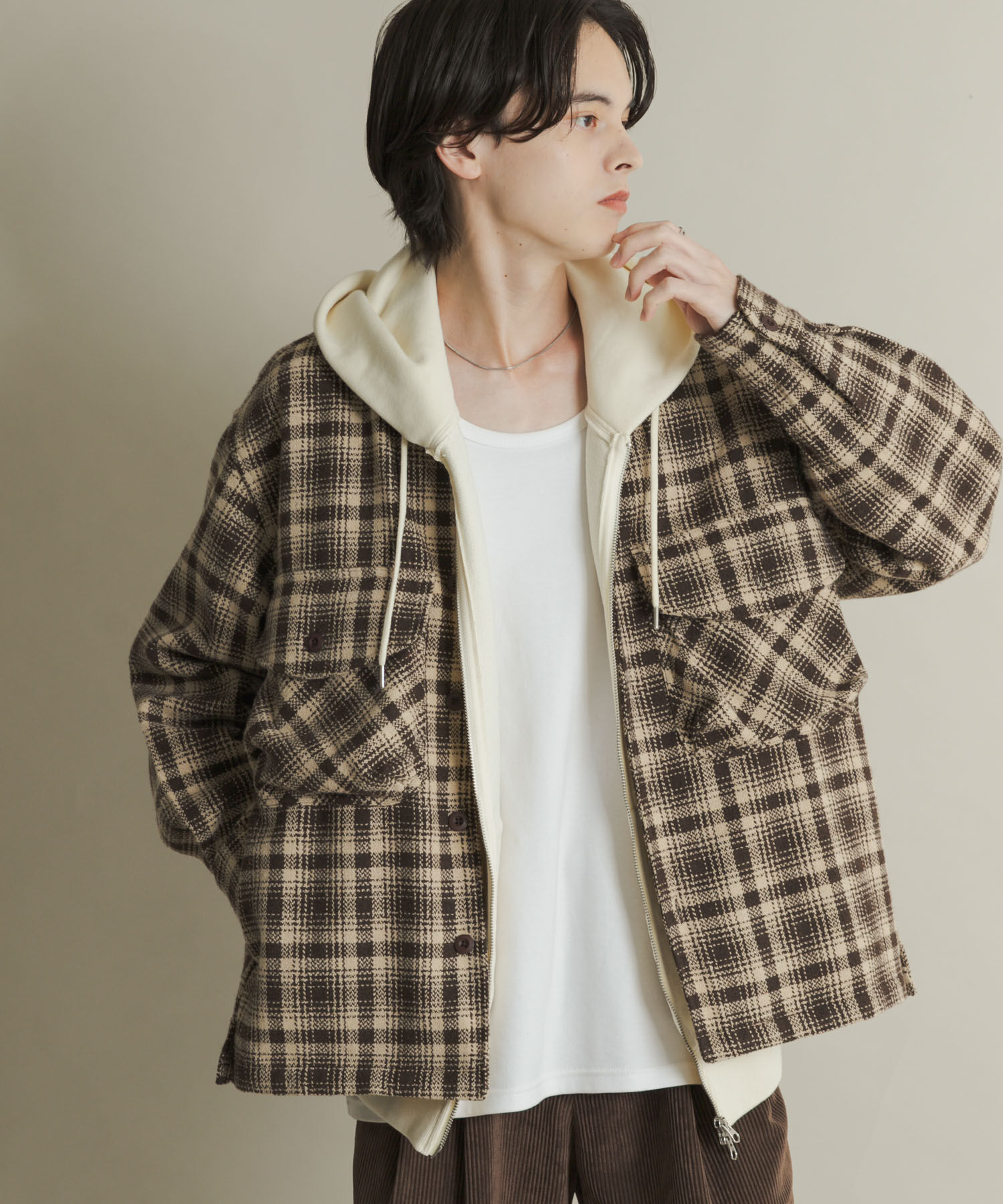 SENSE OF PLACE by URBAN RESEARCH「ヘビーネルチェックシャツジャケット」|ノーカラーコート|