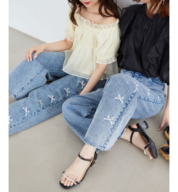  「リボンビジューデニムパンツ」|デニム|