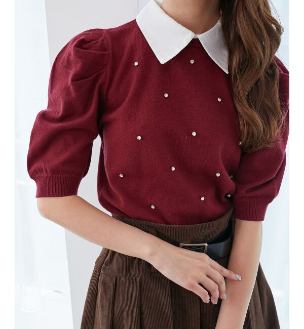  「2way襟付きビジューニット」|ニット・セーター|