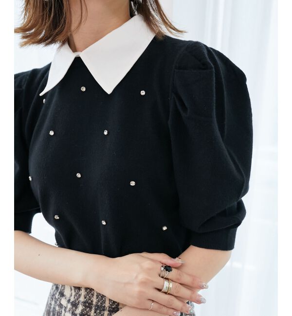  「2way襟付きビジューニット」|ニット・セーター|