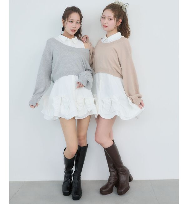  「ニット&times;リボンシャツミニワンピ」|ワンピース|
