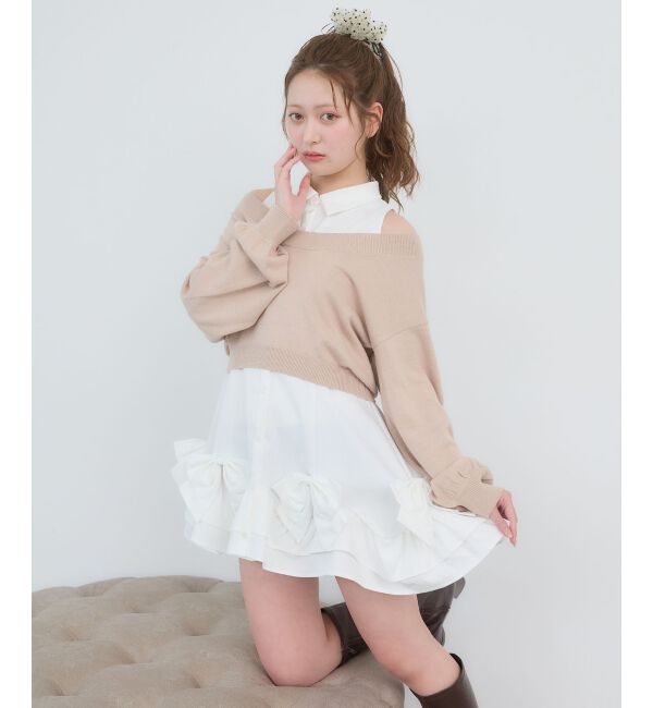  「ニット&times;リボンシャツミニワンピ」|ワンピース|