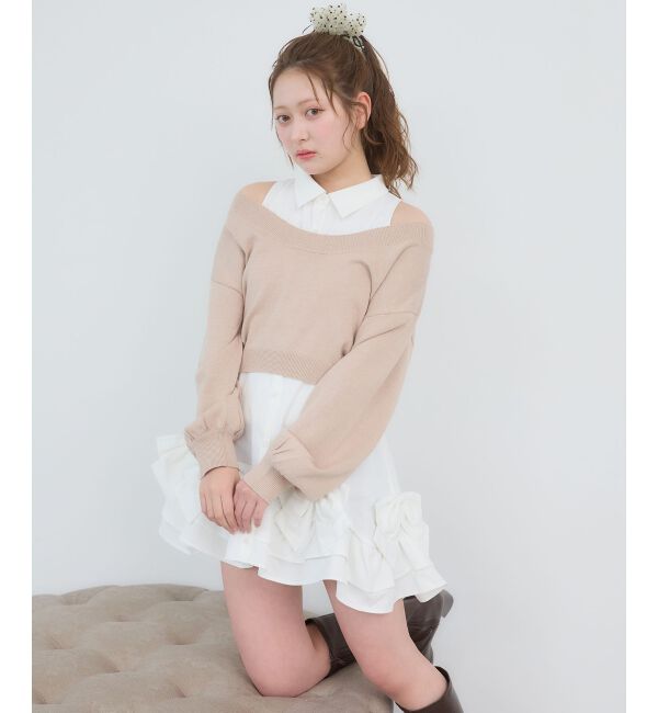  「ニット&times;リボンシャツミニワンピ」|ワンピース|