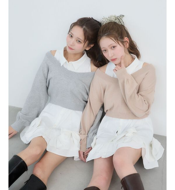  「ニット&times;リボンシャツミニワンピ」|ワンピース|