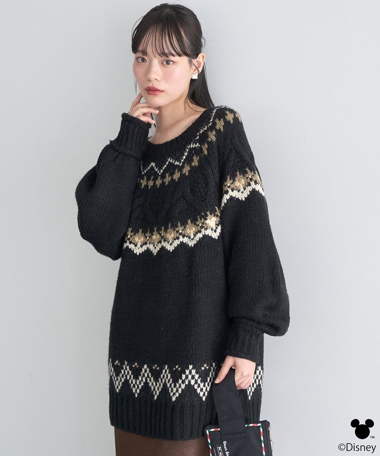 earth music&ecology「Disney/ミッキー刺繍ノルディックニットチュニック」|チュニック|Black