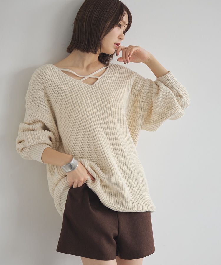 earth music&ecology「アンチピリングクロスネックルーズニット」|チュニック|Ivory