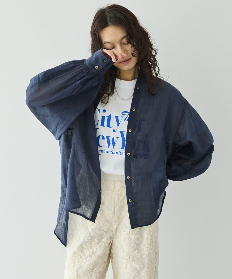GARAGE OF GOOD CLOTHING「リネンギャザースリーブブラウス」|シャツ・ブラウス|Navy