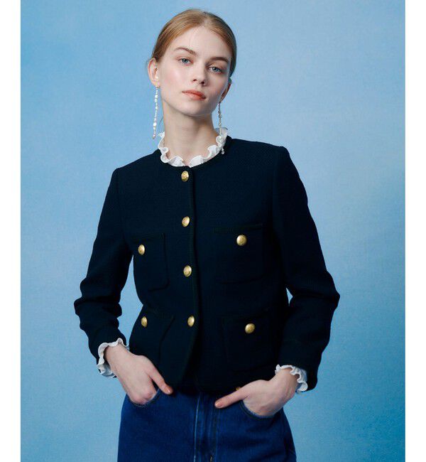 LOULOU WILLOUGHBY「【LOULOU WILLOUGHBY】ツイードツイルクルージャケット」|ノーカラージャケット|ネイビー