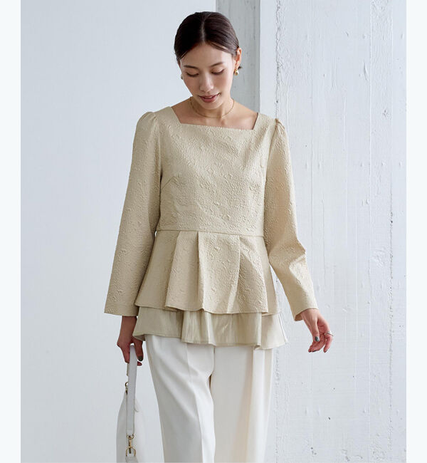 ur's「【星玲奈さんコラボアイテム】ふくれジャガードティアードペプラムトップス」|Tシャツ・カットソー|グレージュ