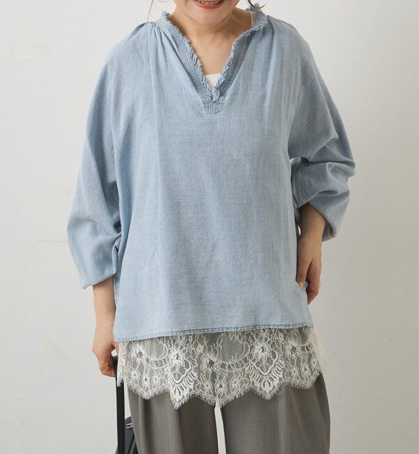  「襟元フリルシアーデニムブラウス」|シャツ・ブラウス|