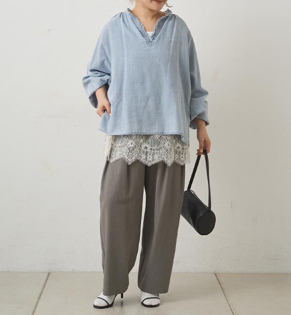  「襟元フリルシアーデニムブラウス」|シャツ・ブラウス|