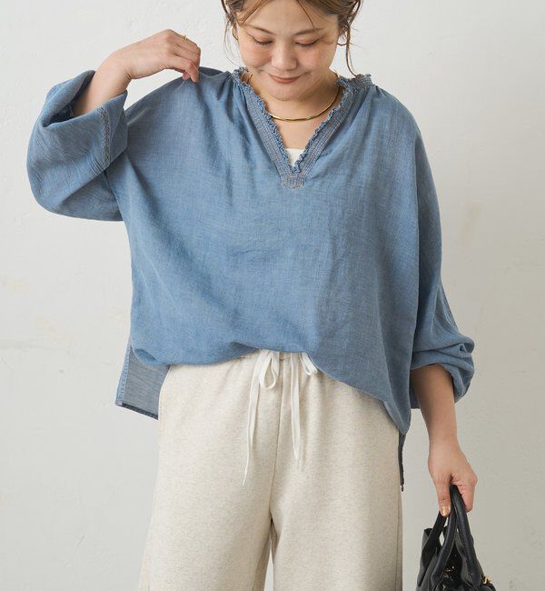  「襟元フリルシアーデニムブラウス」|シャツ・ブラウス|