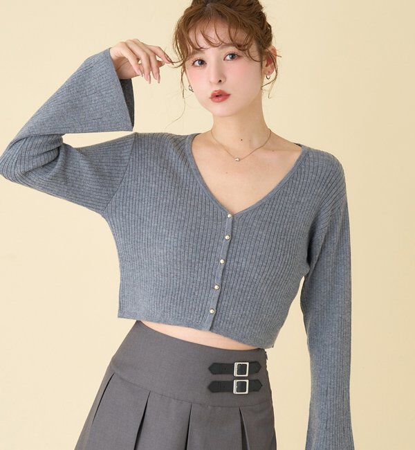  「ベル袖リブカーデ」|ニット・セーター|グレー