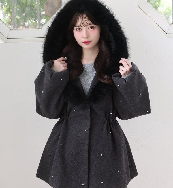  「フードフェイクファービジューミドルコート」|その他|チャコールグレー