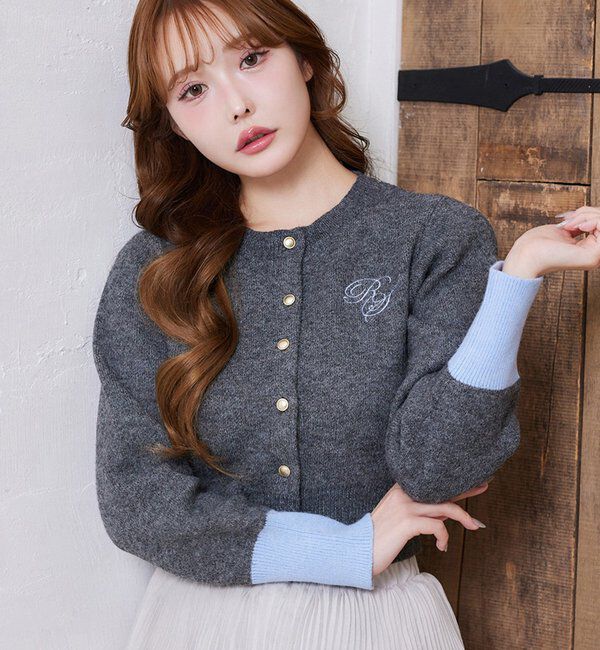  「配色袖刺繍入りカーデ」|ニット・セーター|グレー